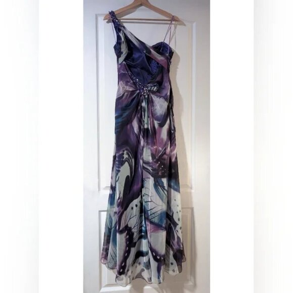 La Femme | One-Shoulder Butterfly Print Occasion Dress - Picture 3 of 16